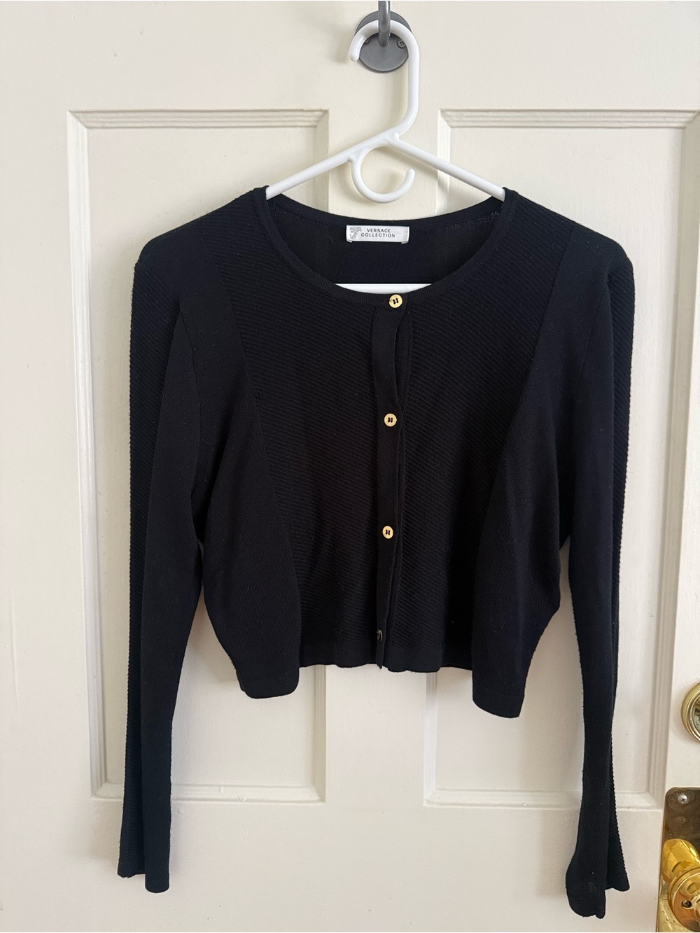 Versace Collection Black Cropped Cardigan with Gold Buttons
